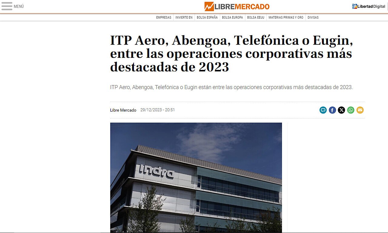 ITP Aero, Abengoa, Telefnica o Eugin, entre las operaciones corporativas ms destacadas de 2023